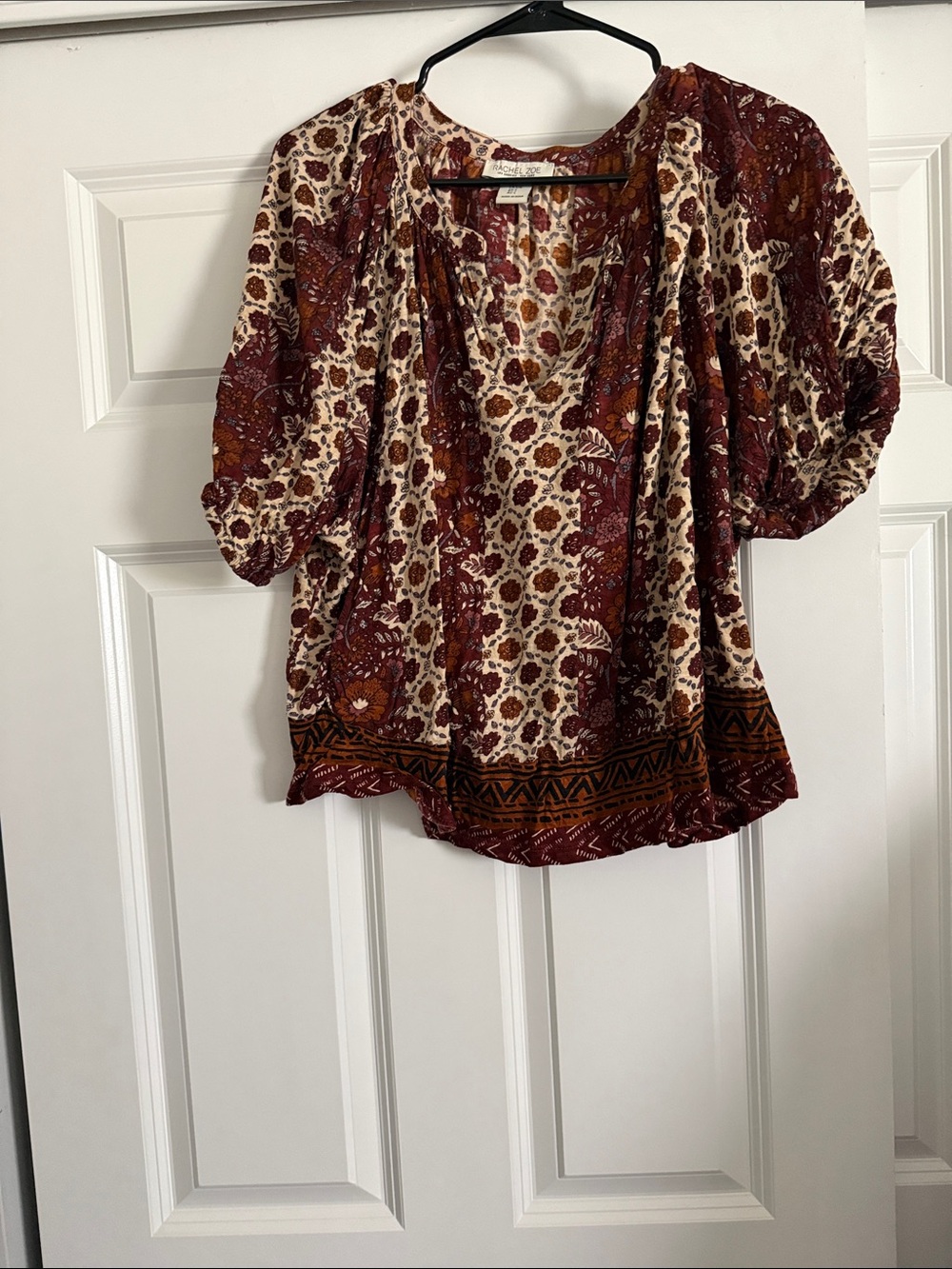 Rachel Zoe Burgundy and Cream Bohemian Puff-Sleeve Blouse